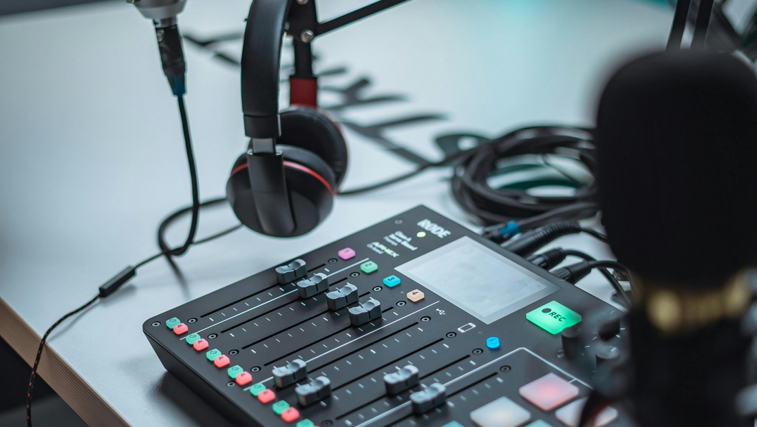 microphone and audio interface prepared to start a live stream