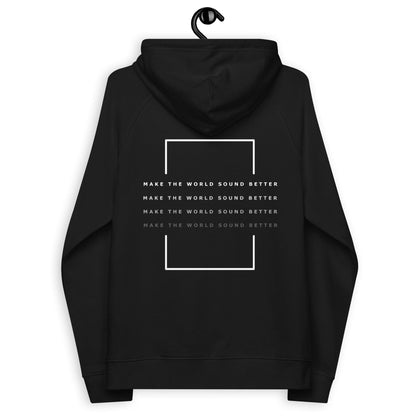 make the world sound better white print hoodie from the back